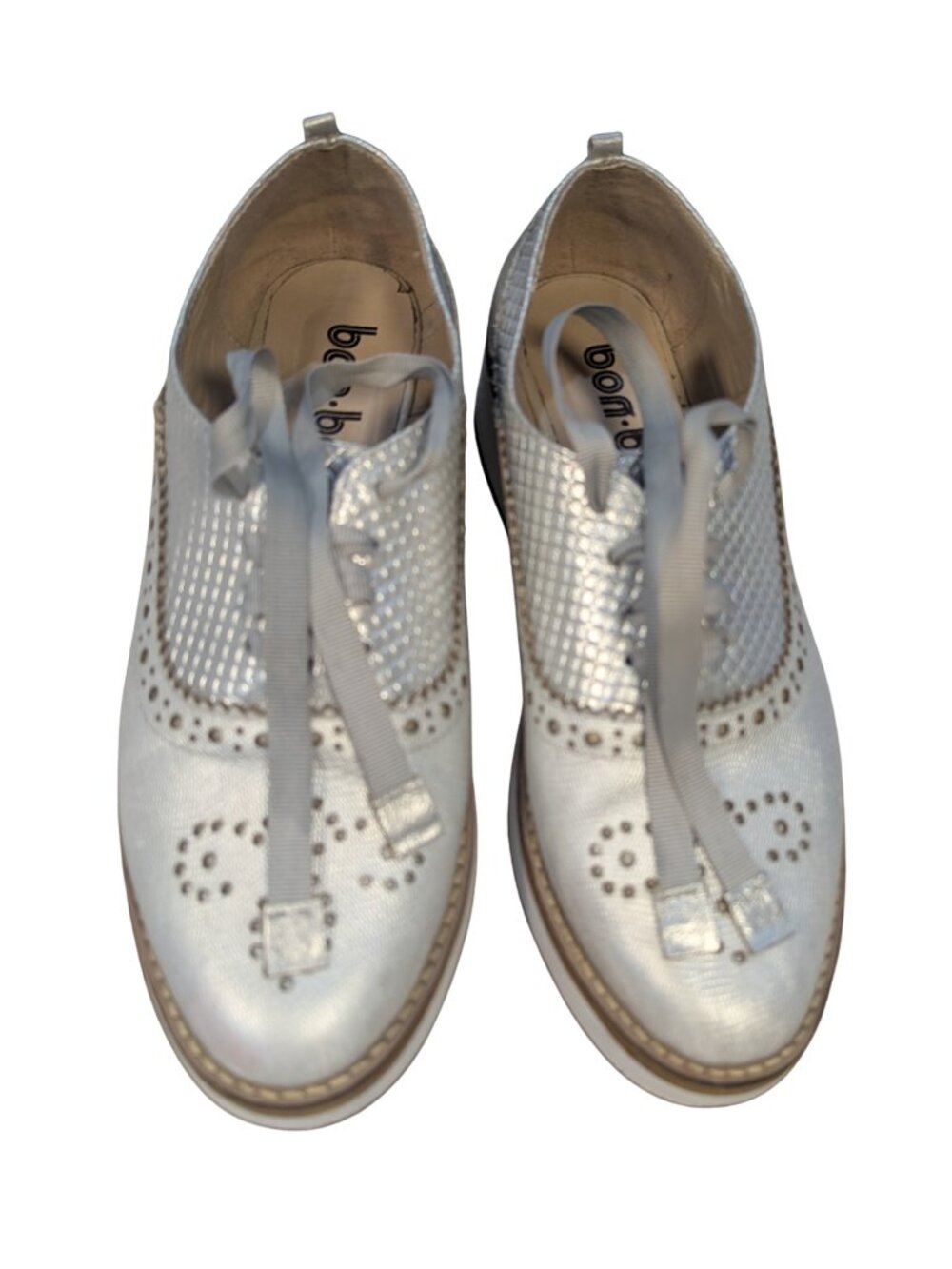 Bon Bonite Metallic Silver Leather Brogue Platform Oxfords Size 38
